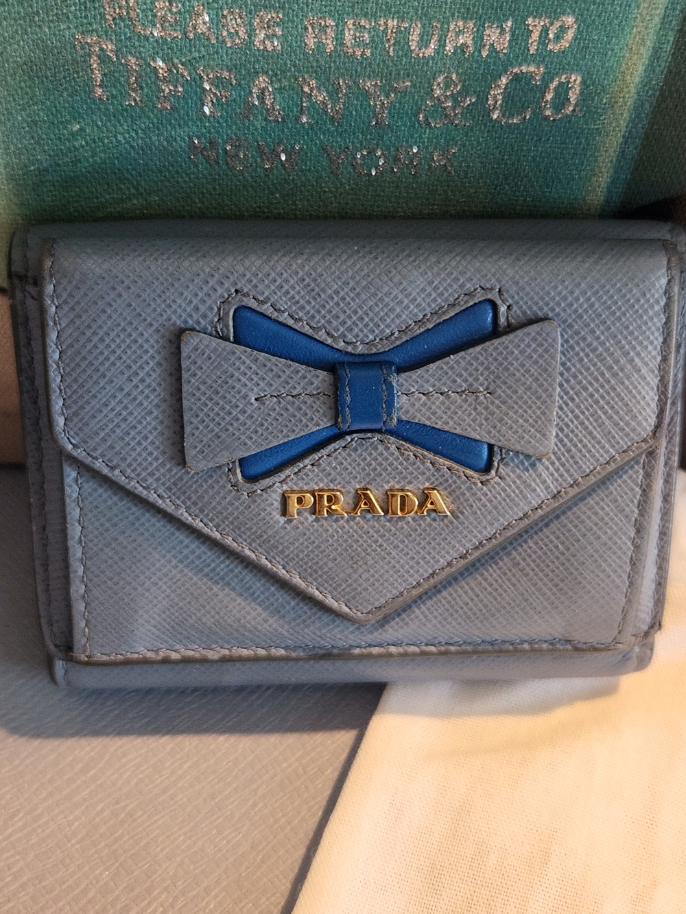 Prada Blue Saffiano Leather Bow Wallet
